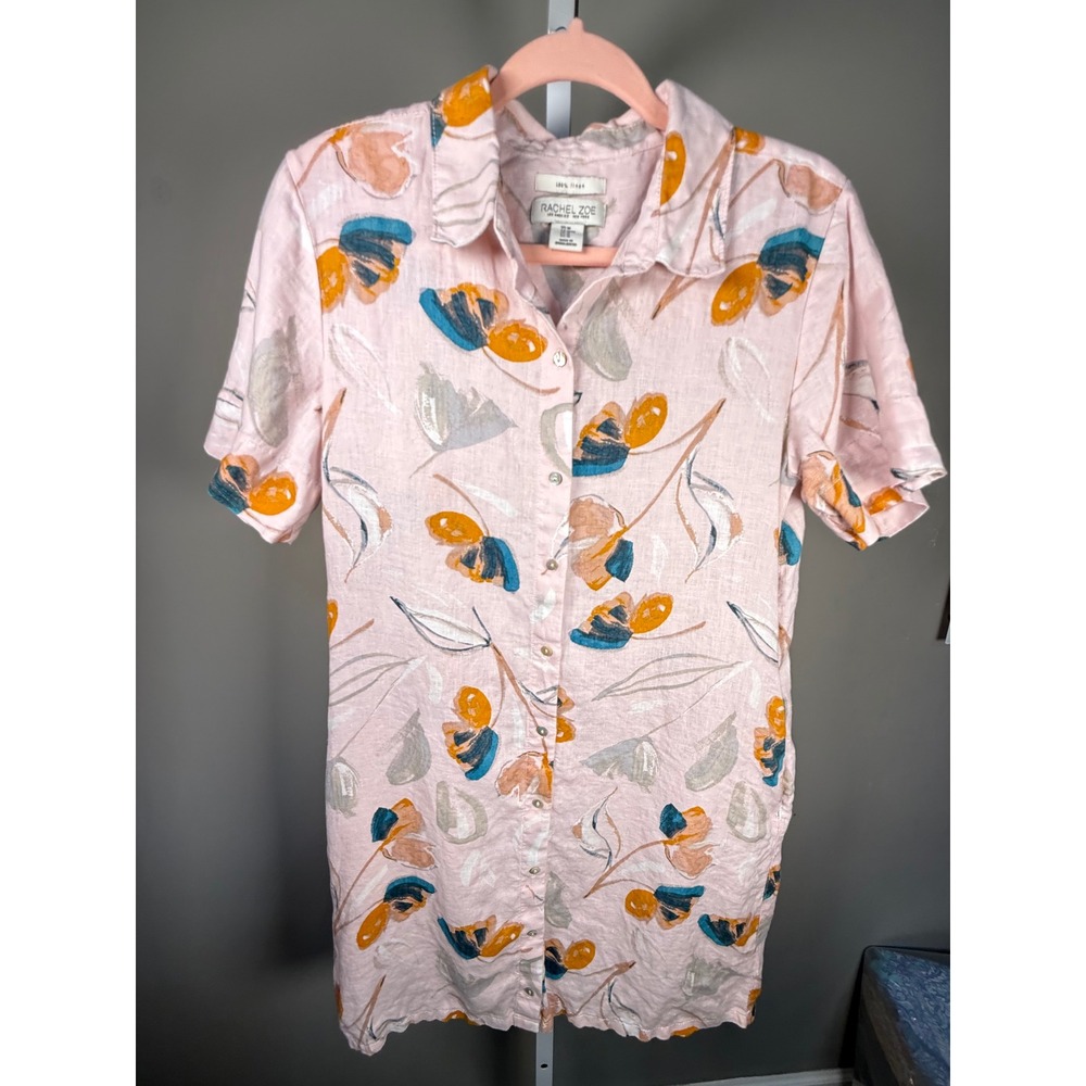 Rachel Zoe Linen Floral Shirt Dress Pink Button Front Coastal Chic Art Teacher M - Picture 6 of 10